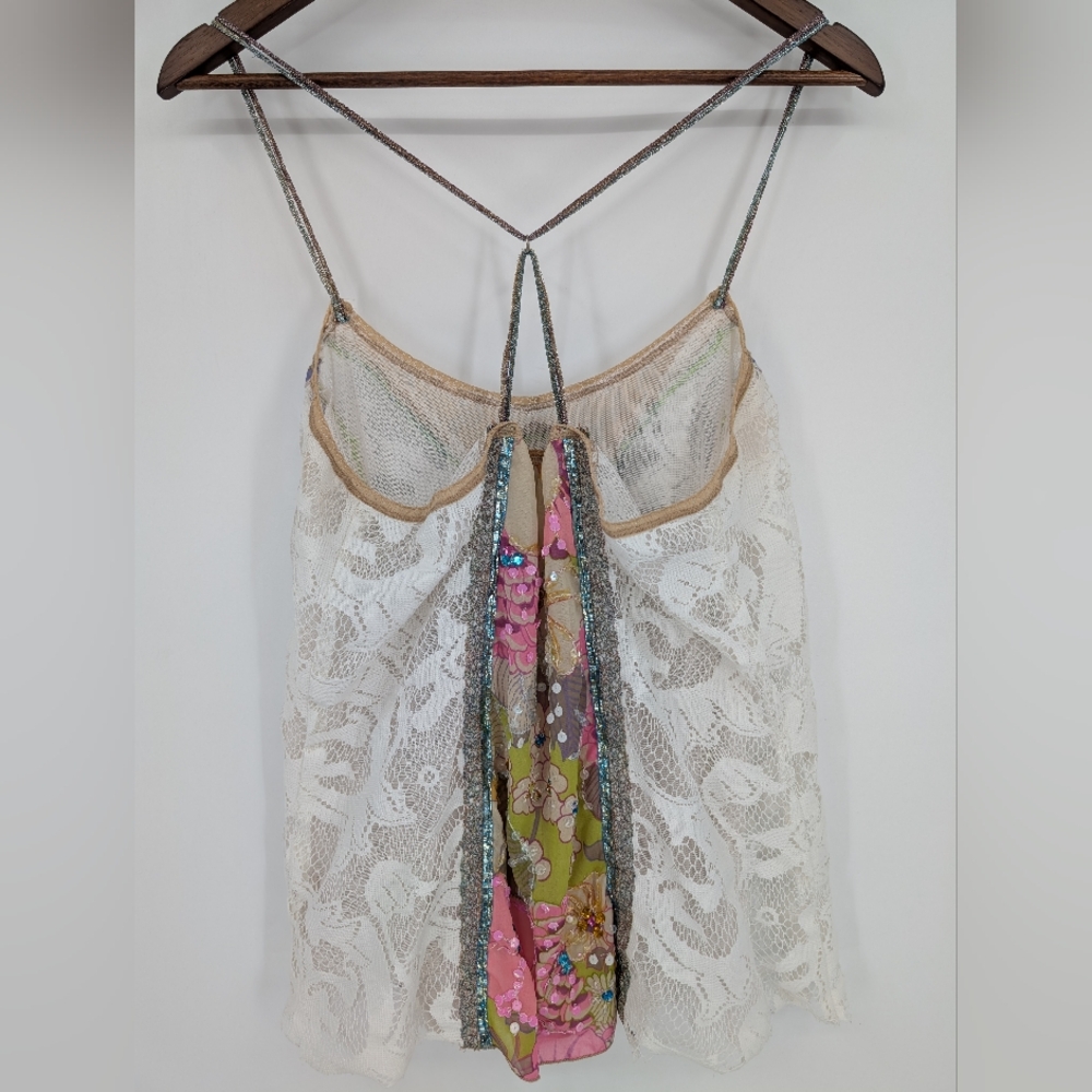 Free People White Lace Patchwork Tank with Pink & Green Floral Panel - Picture 6 of 10